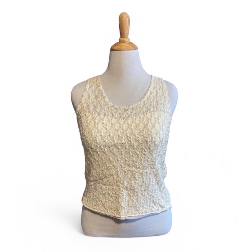 Vintage y2k Sheer Lace Knit Tank Top Women's Large Ivory Coquette Stretch
